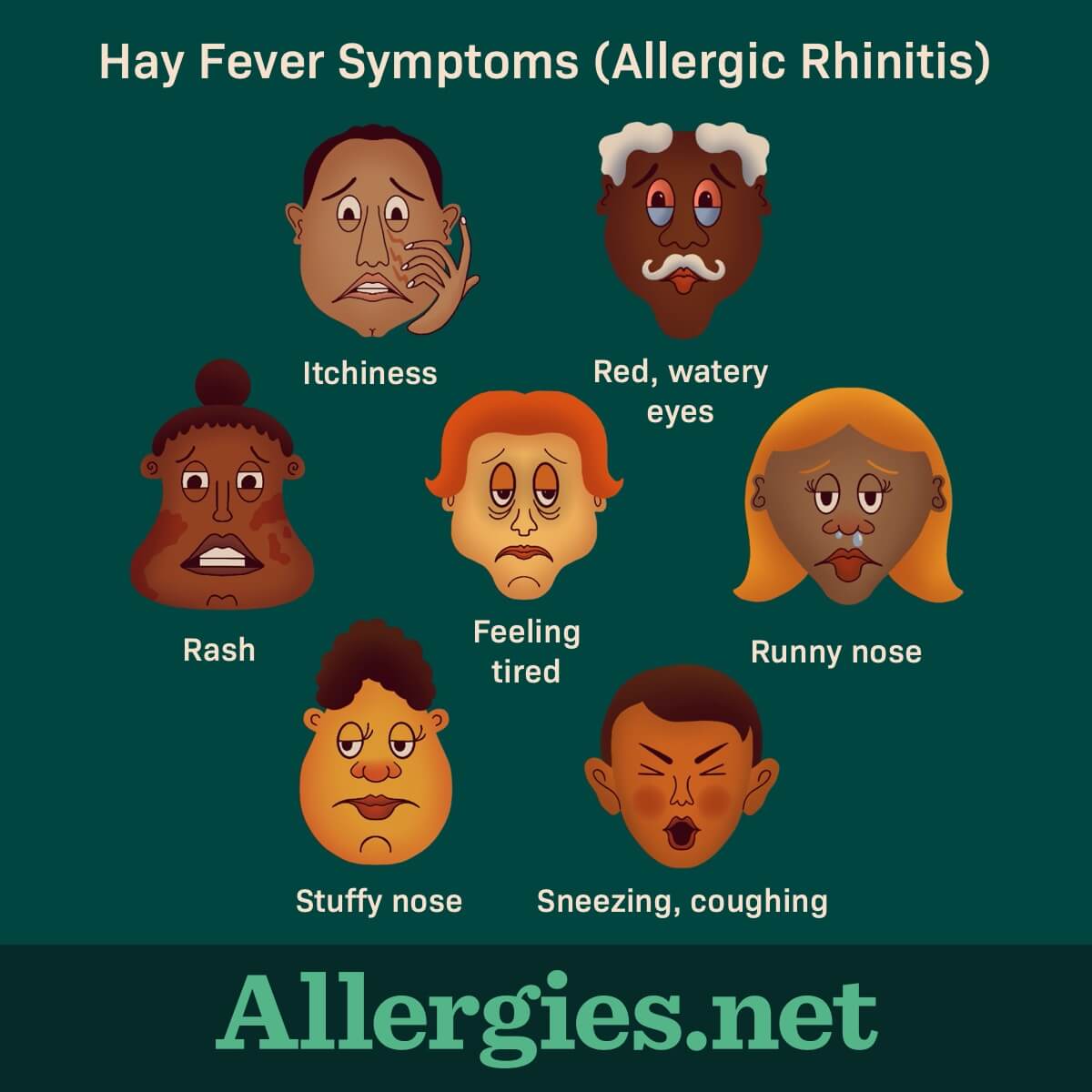The 7 most common symptoms of hay fever are runny nose, sneezing, rash, feeling fatigue, coughing or wheezing, stuffy nose, red or watery eyes, and  itchy eyes, mouth or throat.