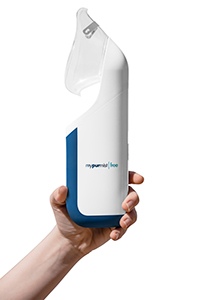 Hand holding up MyPurMist cordless, germ-free, personal steam inhaler.