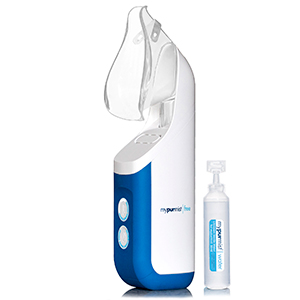 MyPurMist cordless, germ-free, personal steam inhaler with a HEPA air purifier, next to a smaller bottle of sterile water refills.