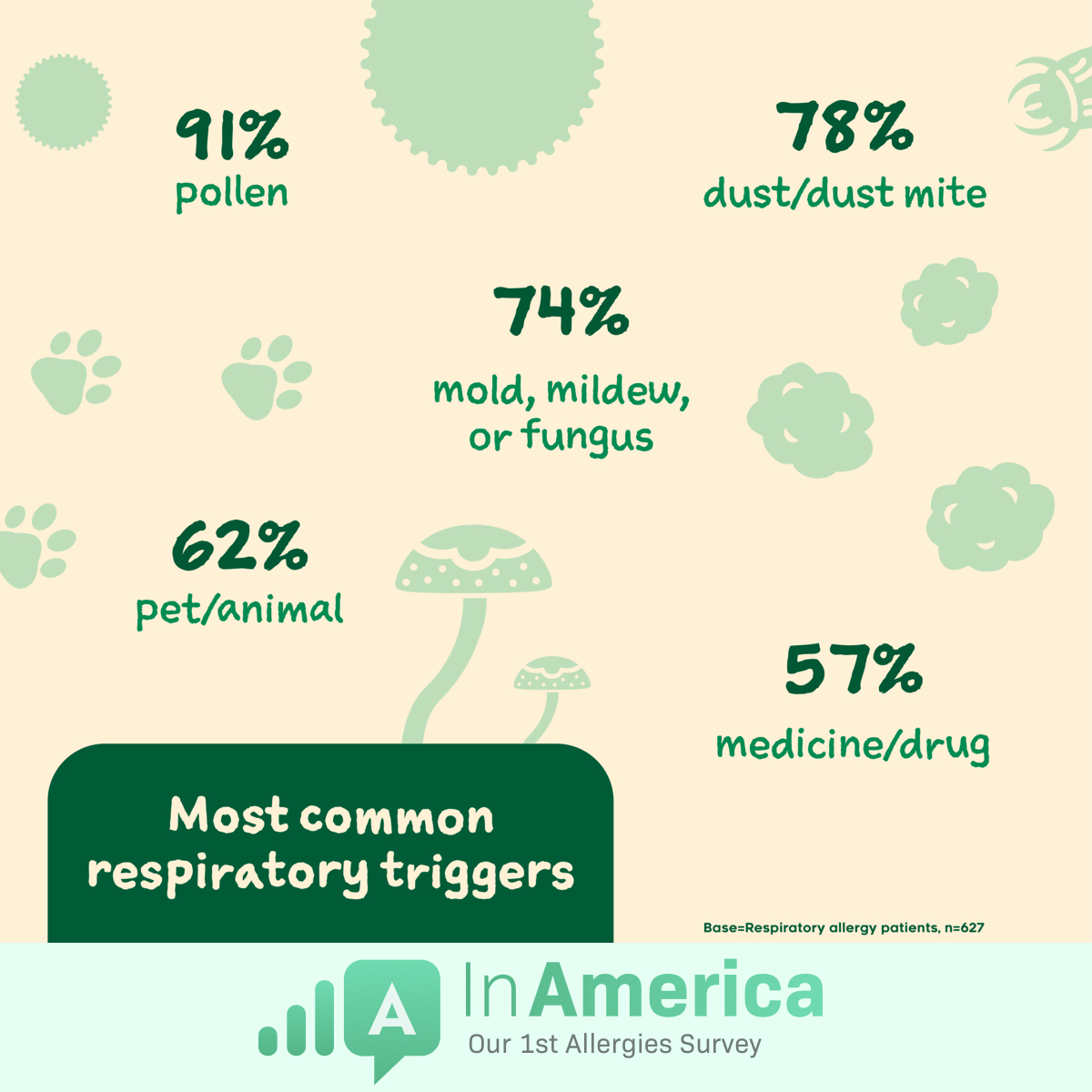 The most common respiratory allergy triggers are pollen, dust, mold/mildew, animal dander, and medications/drugs.