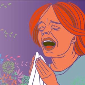 A woman winding up to sneeze into a tissue, surrounded by flowers and petals and pollen.