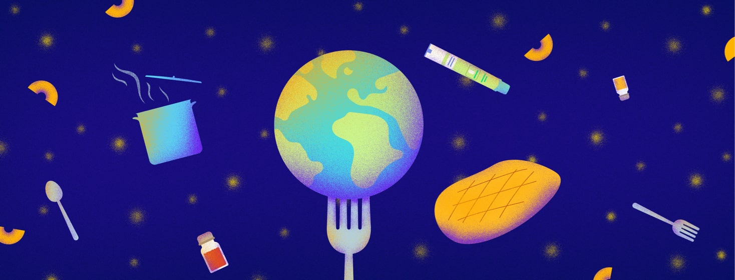 earth on a fork with food floating around it in space