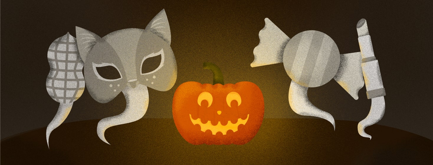 a pumpkin surrounded by ghosts in the shape of a mask, a peanut, lipstick, and candy