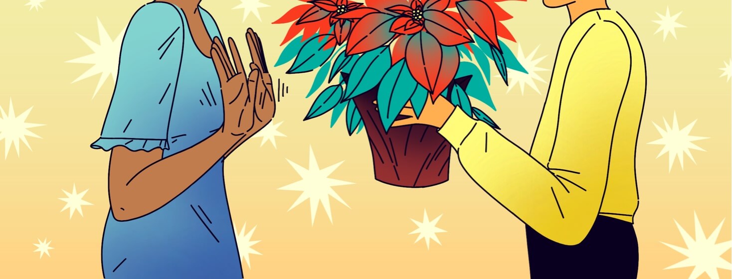 alt=a person handing someone a poinsettia that they are refusing because of a latex allergy