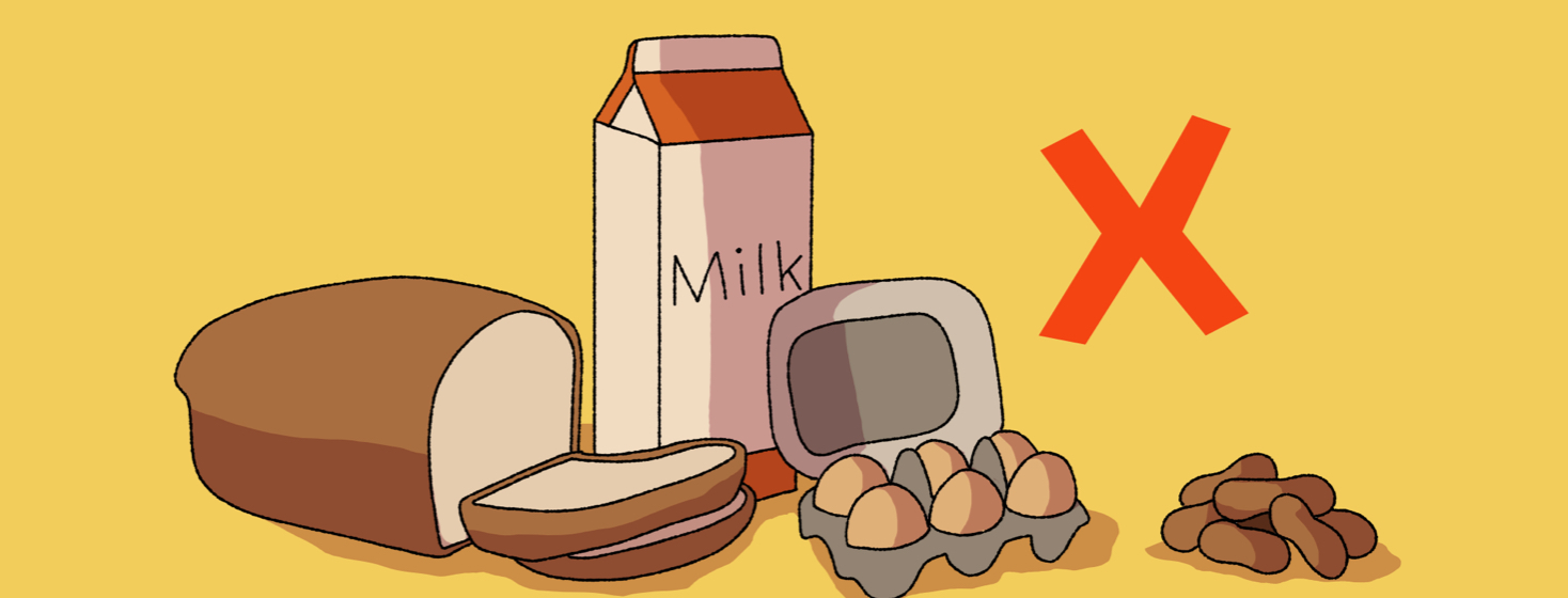 Bread, milk, eggs and peanuts with an X above them