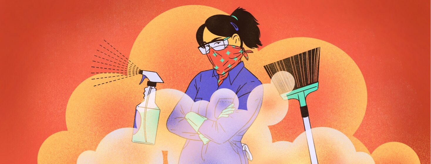 alt=a woman cleaning house with a dust allergy, wearing protective face and eye gear