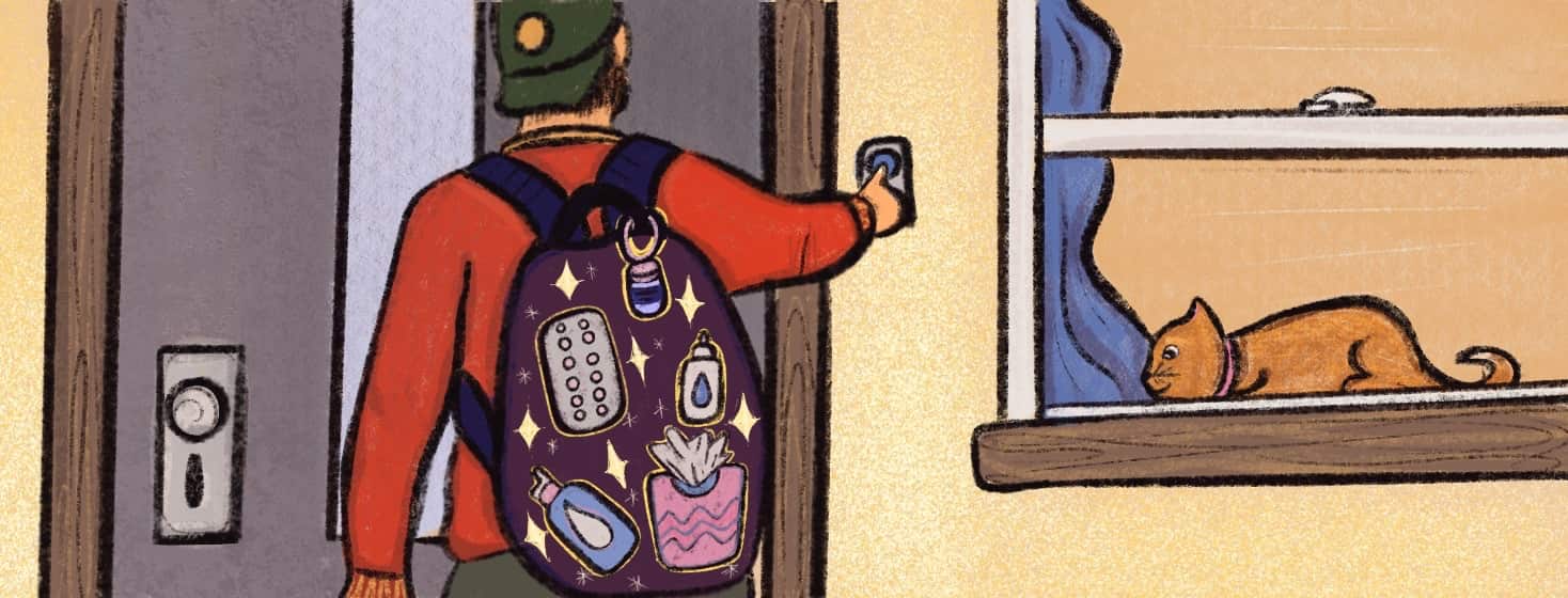 man ringing a doorbell with a backpack filled with his essential items to combat allergies a cat looks at him from inside