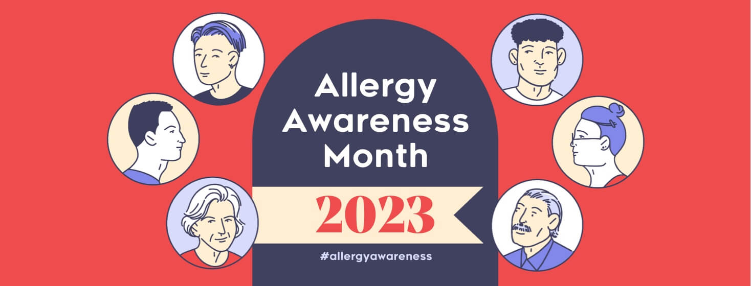 alt=A diverse group of people surrounding "Allergy Awareness Month 2023"